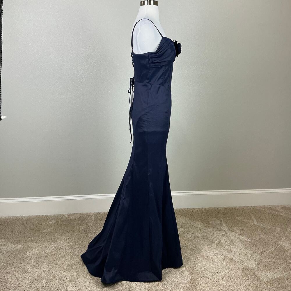 Blondie Nites Navy Blue Evening Gown Satin Lace Up Formal Mermaid Dress Size 7 - Picture 5 of 12